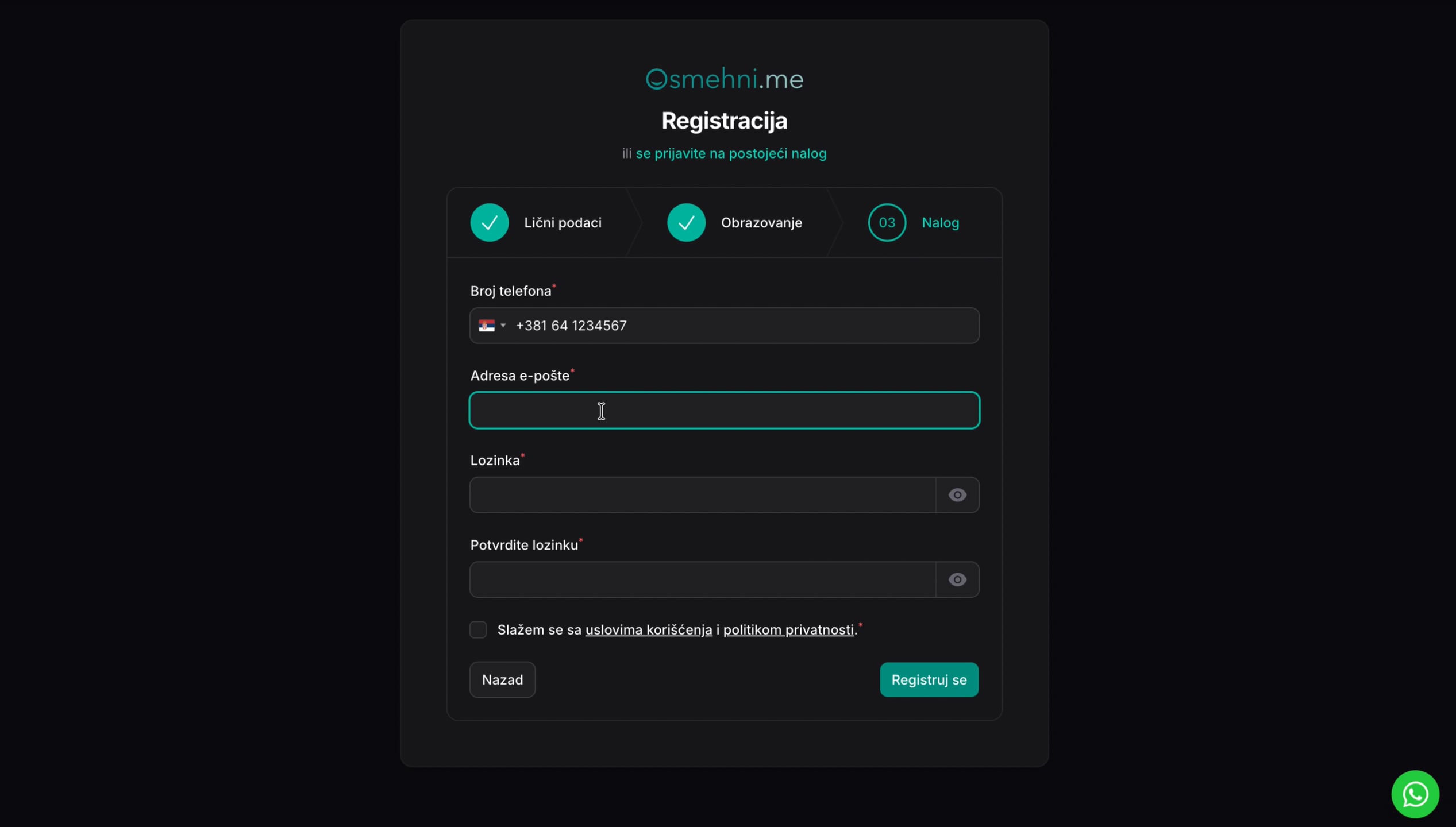 Registracija na Osmehni.me platformu