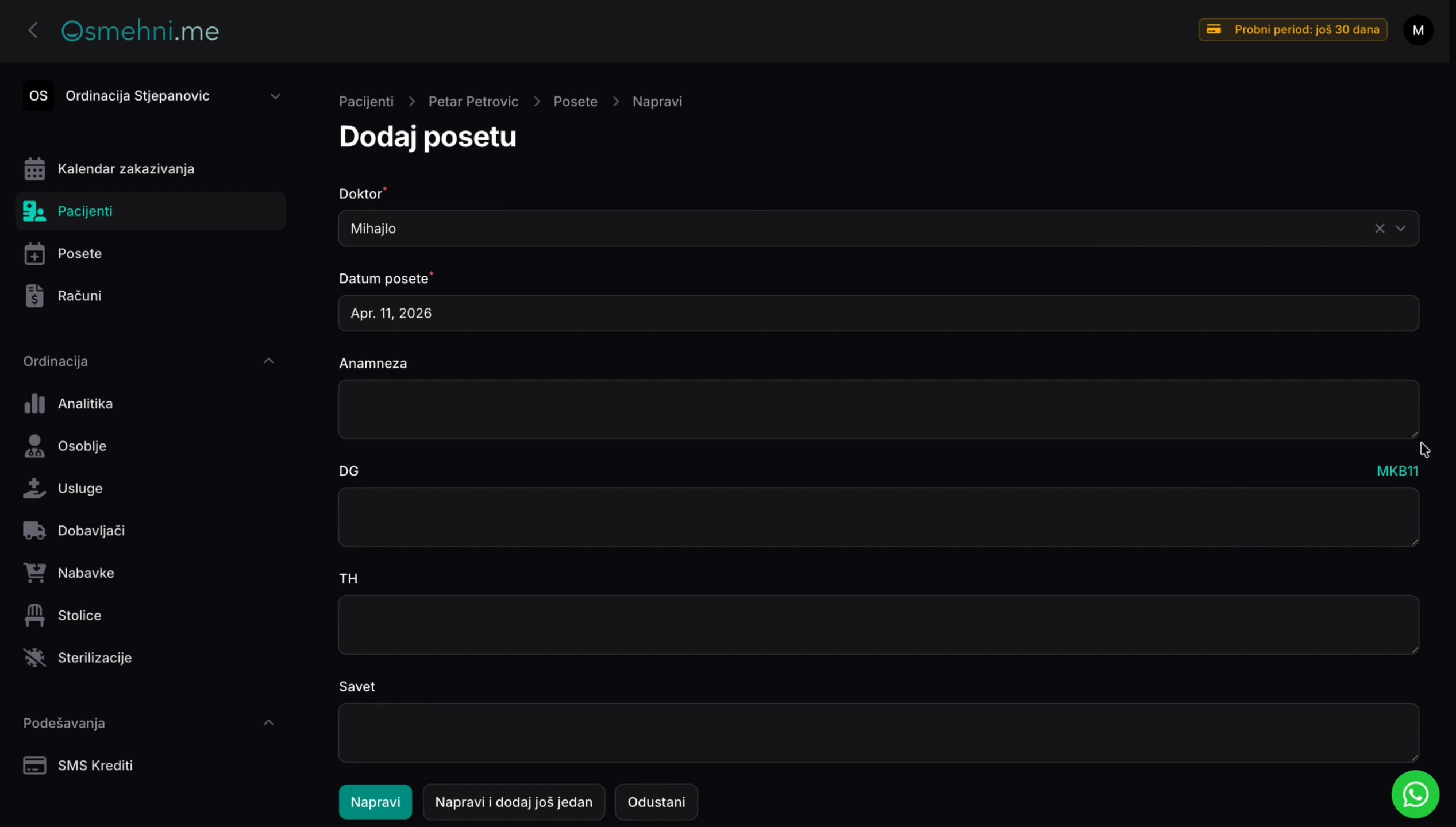 Evidencija poseta pacijenta