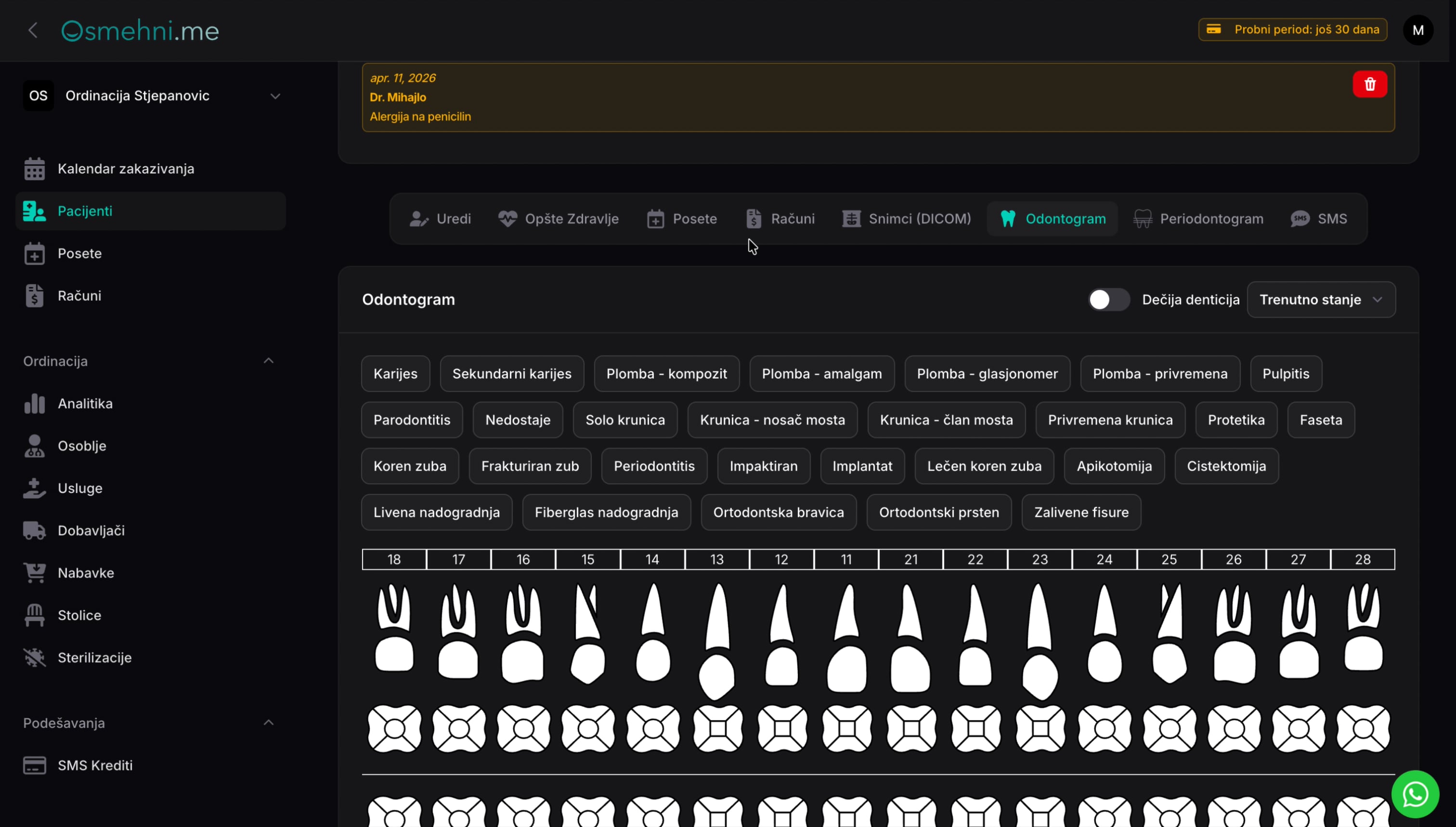 Odontogram pacijenta